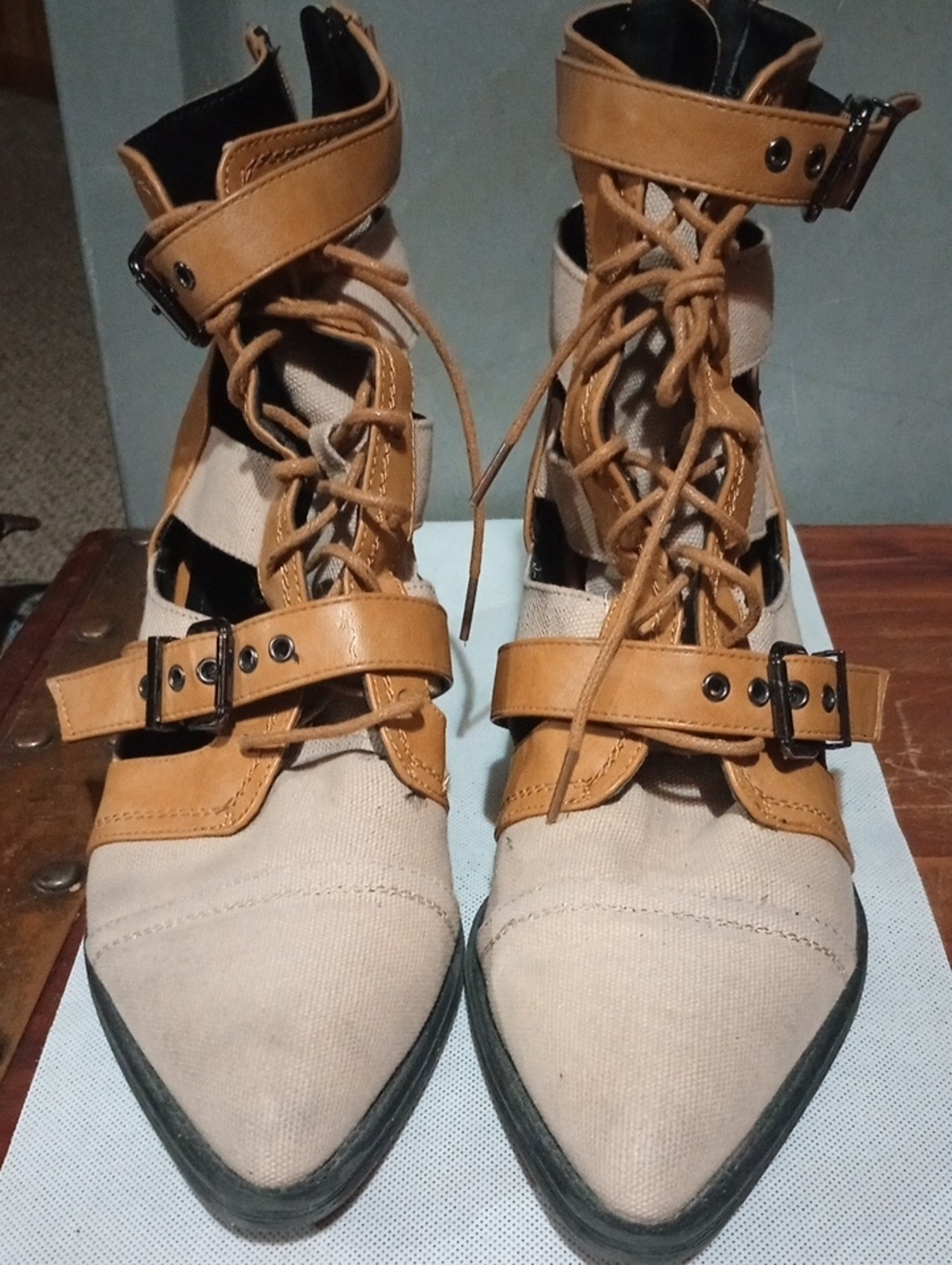 Lace-Up Buckle Ankle Boots in Cream and Tan